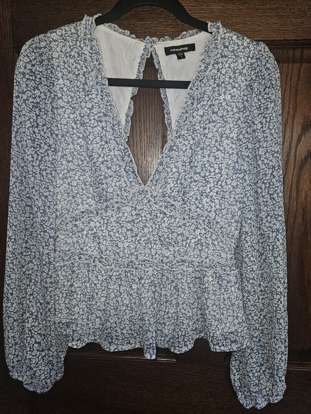 mittoshop White Dress with Blue Floral Trim